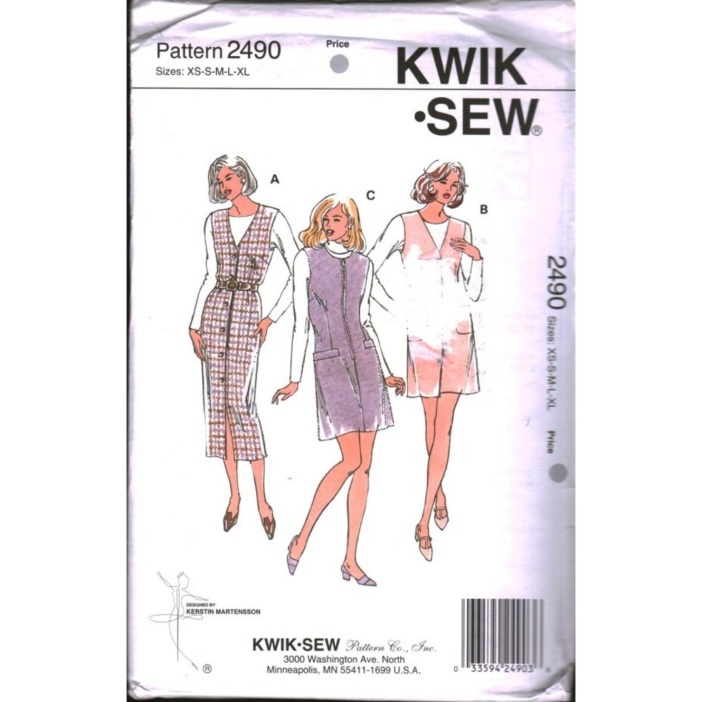 Kwik Sew 2490 Misses Jumpers Sewing Pattern XS-XL V-Neck Button Front Zipper 90s